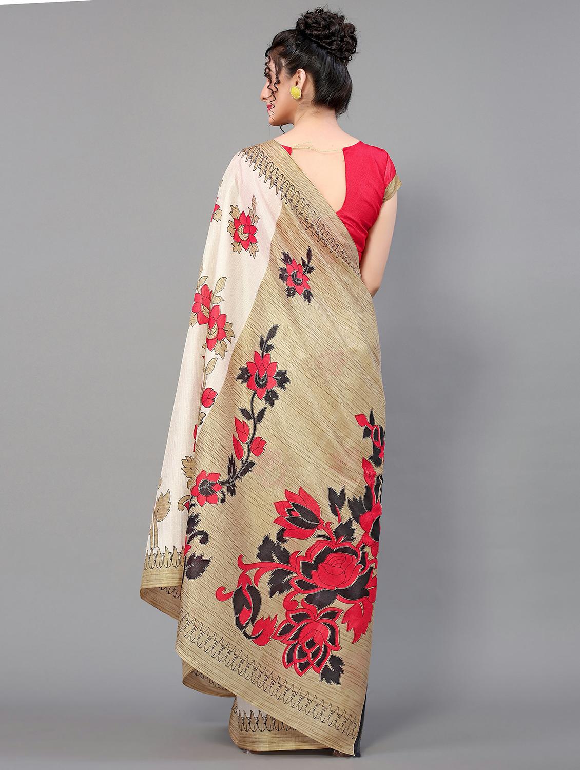 women's floral beige colored saree with blouse - 20039385 - Standard Image - 1