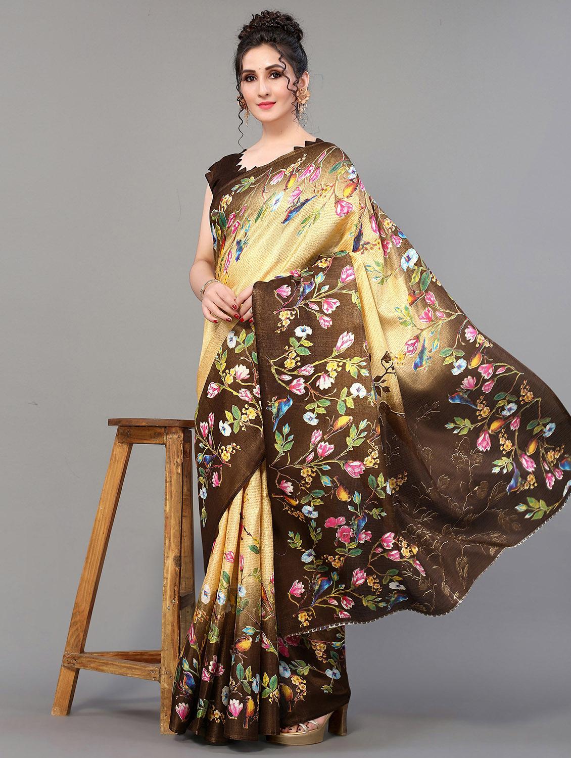 women's floral beige colored saree with blouse - 20039403 -  Standard Image - 1