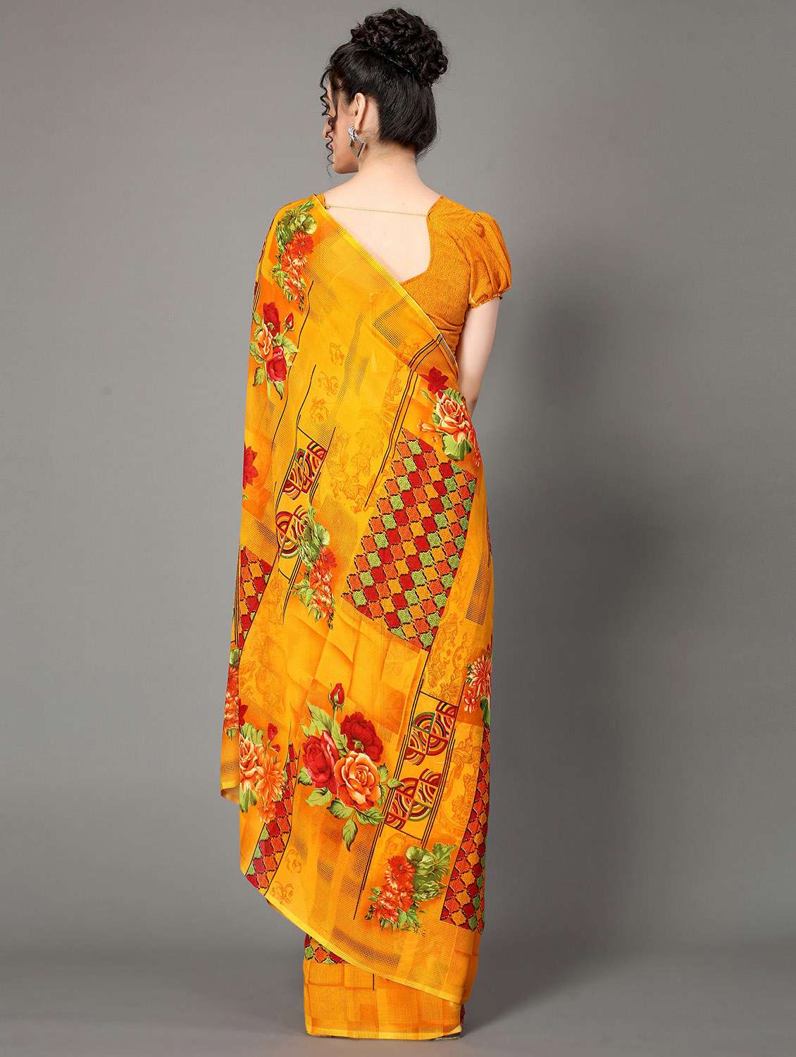 yellow georgette printed saree with blouse - 20039583 -  Standard Image - 1