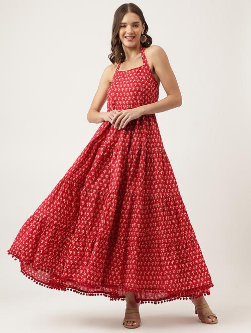 red cotton tiered ethnic dress - 20048049 -  Standard Image - 0