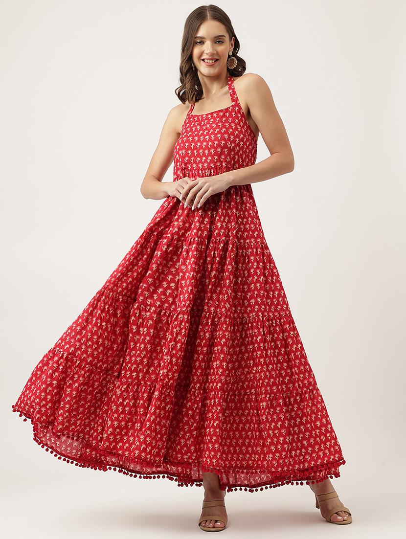 red cotton tiered ethnic dress - 20048049 -  Zoom Image - 0