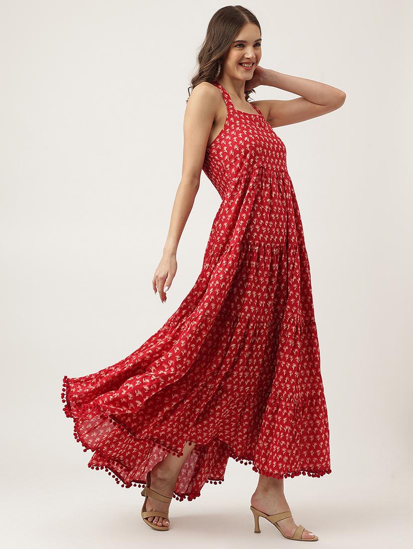 red cotton tiered ethnic dress - 20048049 -  Standard Image - 1