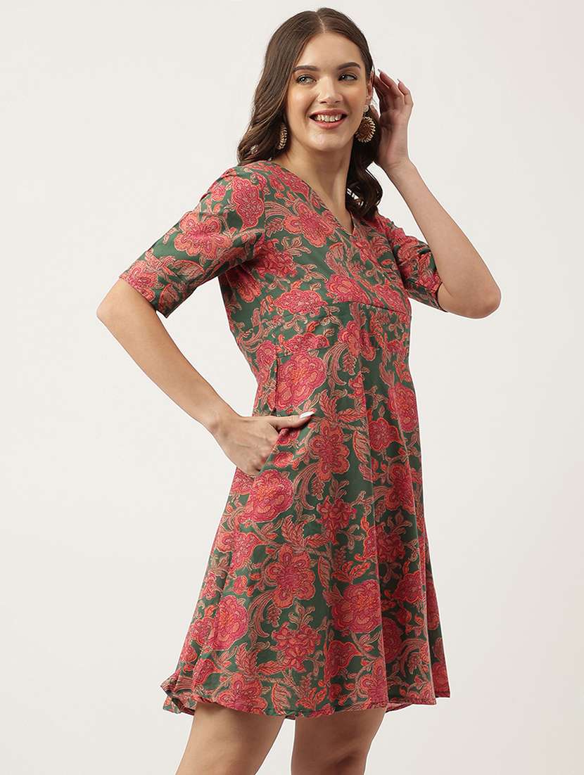 green cotton a line ethnic dress - 20048051 -  Standard Image - 1
