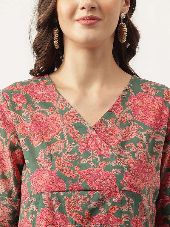 green cotton a line ethnic dress - 20048051 - Standard Image - 4