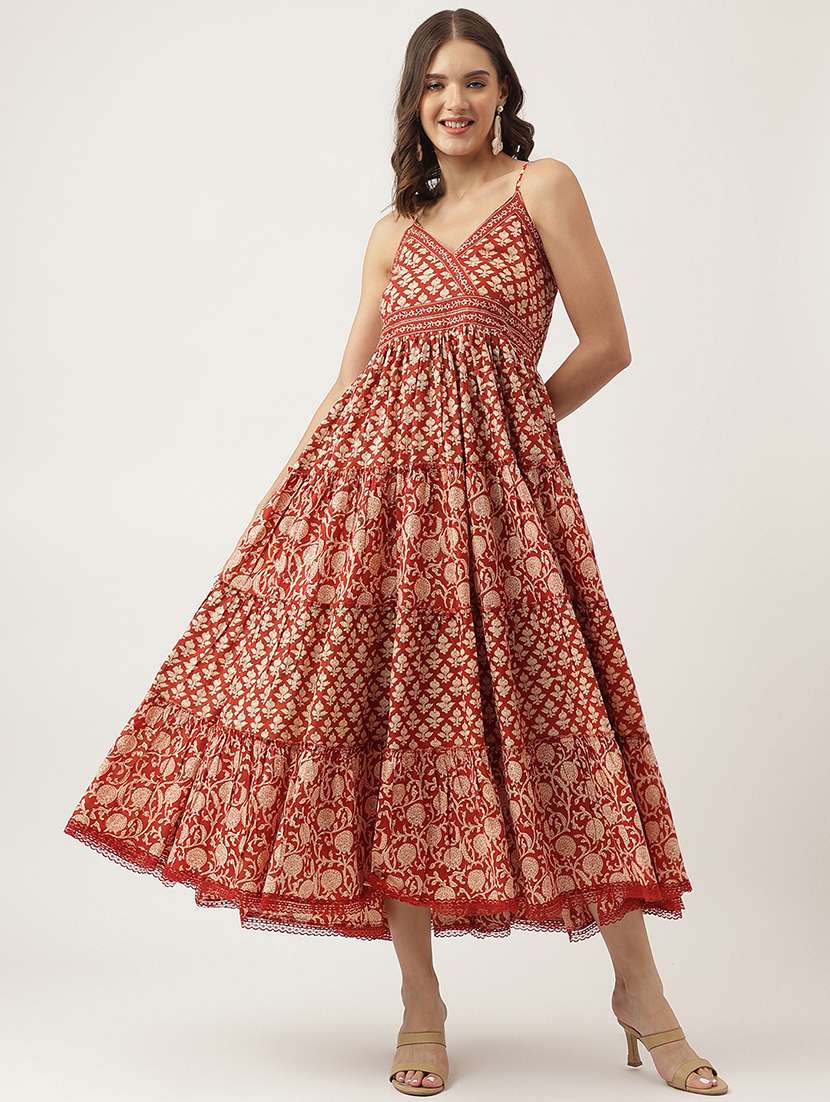 rust cotton tiered ethnic dress