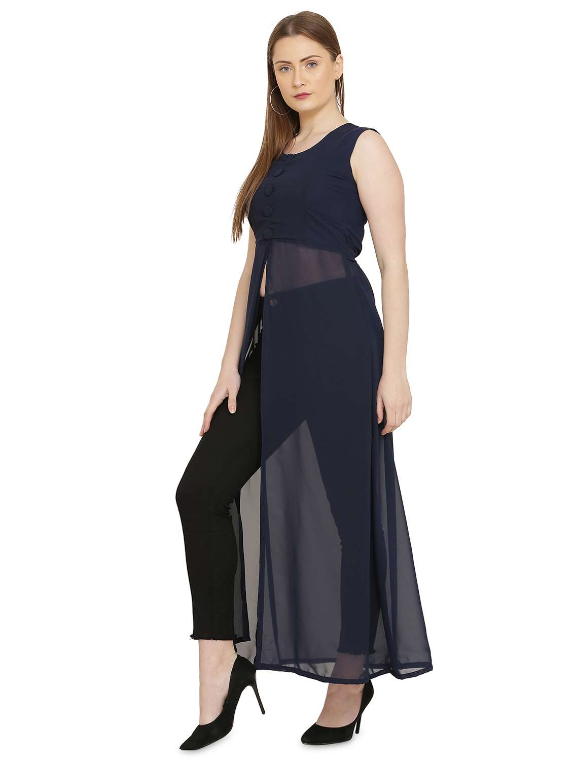blue solid fit & flare tunic - 20051722 -  Standard Image - 1