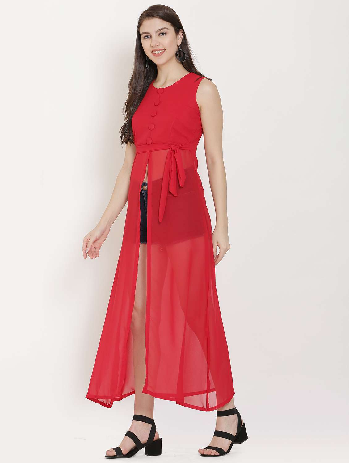red solid fit & flare tunic - 20051723 - Standard Image - 1