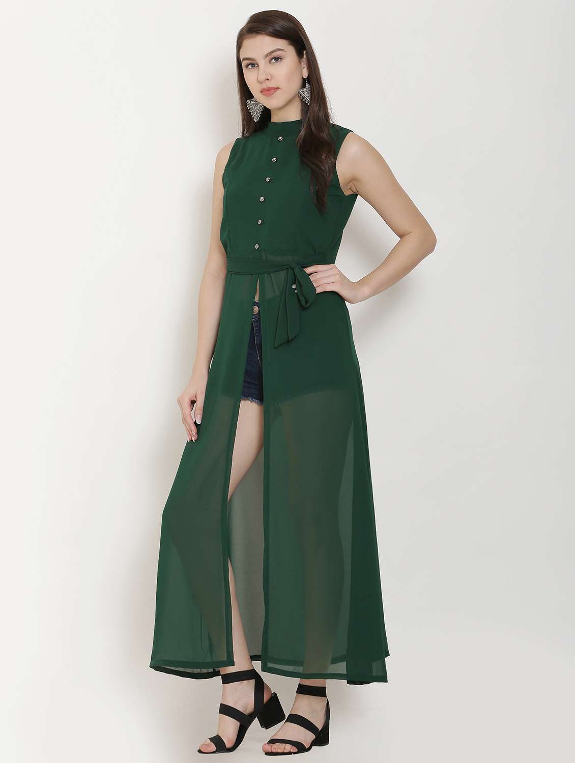 green solid fit & flare tunic - 20051744 - Standard Image - 1