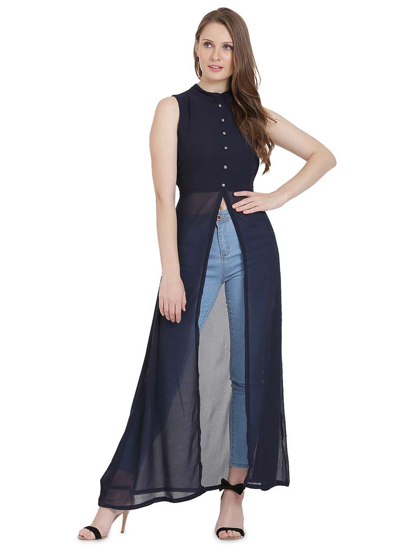 blue solid fit & flare tunic