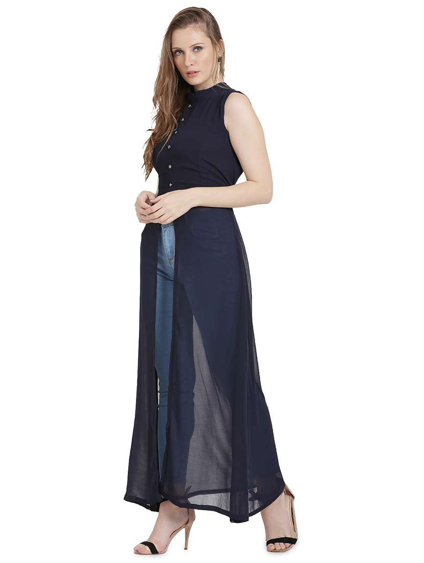 blue solid fit & flare tunic - 20051761 -  Standard Image - 1