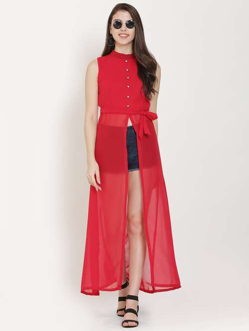 red solid fit & flare tunic - 20051769 - Standard Image - 0
