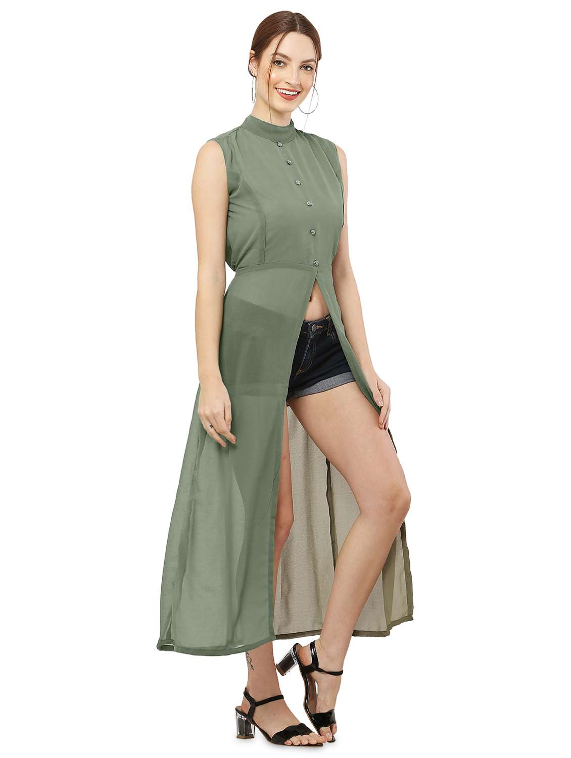 green solid fit & flare tunic - 20051771 -  Standard Image - 1