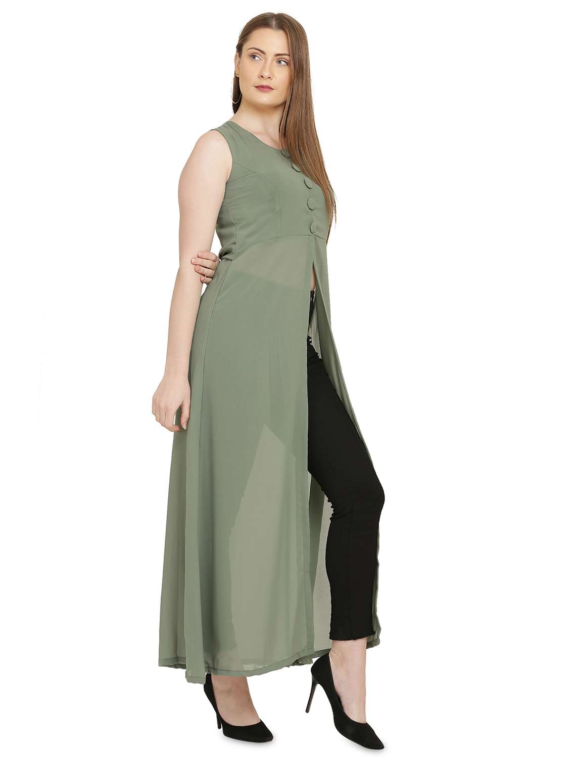 green solid fit & flare tunic - 20051772 - Standard Image - 1