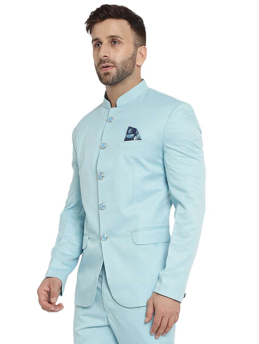 light blue cotton blend bandhgala - 20051793 -  Standard Image - 1