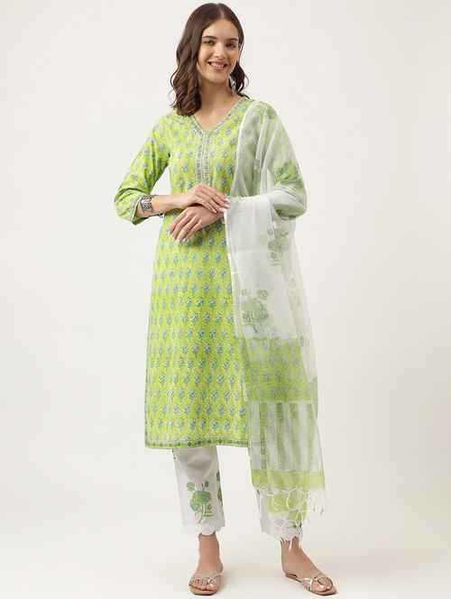 green kurta pant set with dupatta - 20051889 -  Standard Image - 0