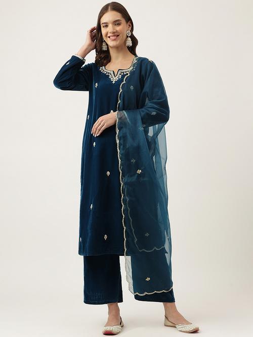 blue kurta palazzo set with dupatta - 20051895 -  Standard Image - 0