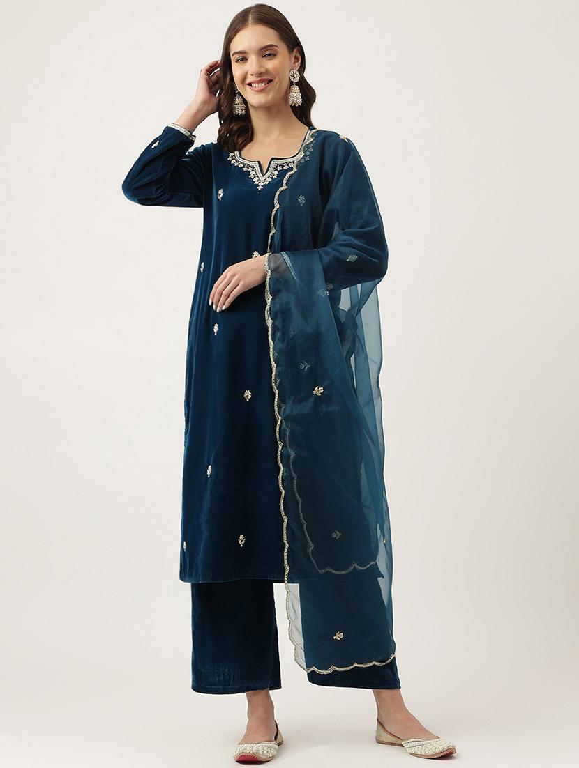 blue kurta palazzo set with dupatta - 20051895 -  Zoom Image - 0