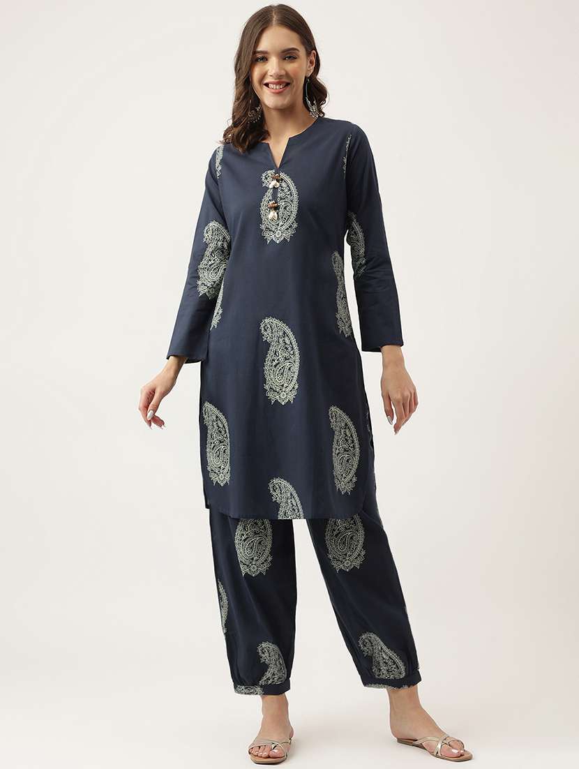 navy blue kurta hem cuffed pant set