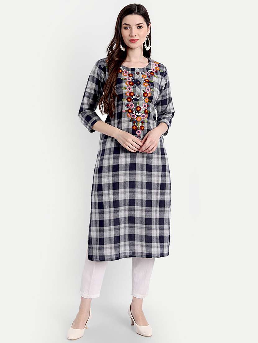 round neck checkered print straight  kurta