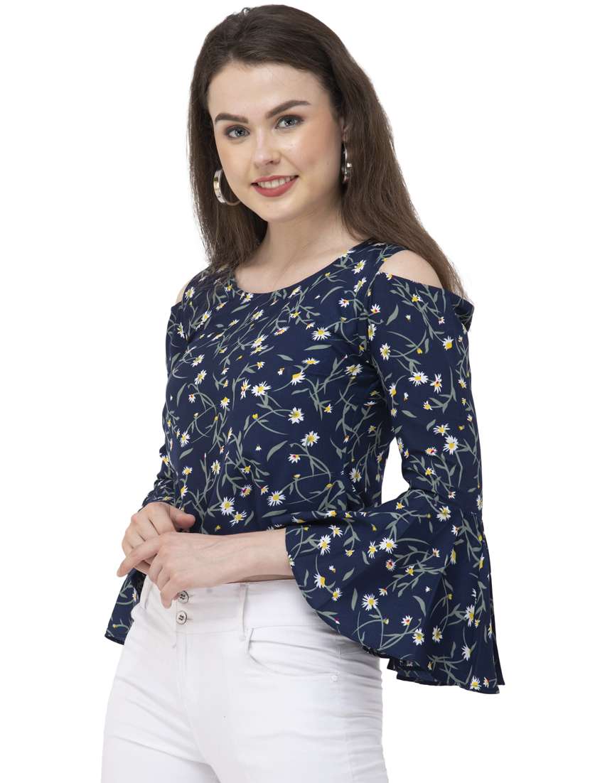 women navy blue floral printed high low top - 20056135 -  Standard Image - 1