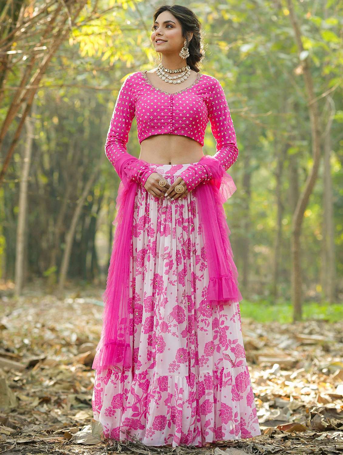 pink stitched flared lehenga
