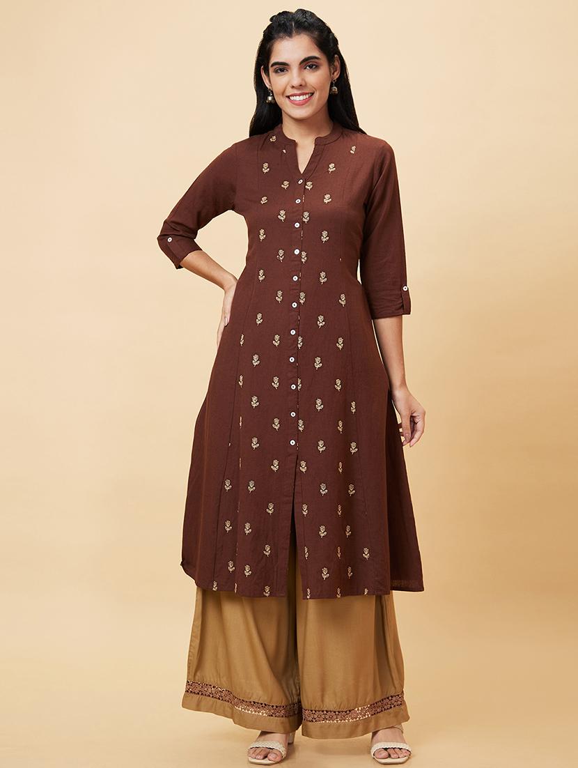 brown printed a-line kurta - 20056390 -  Standard Image - 1