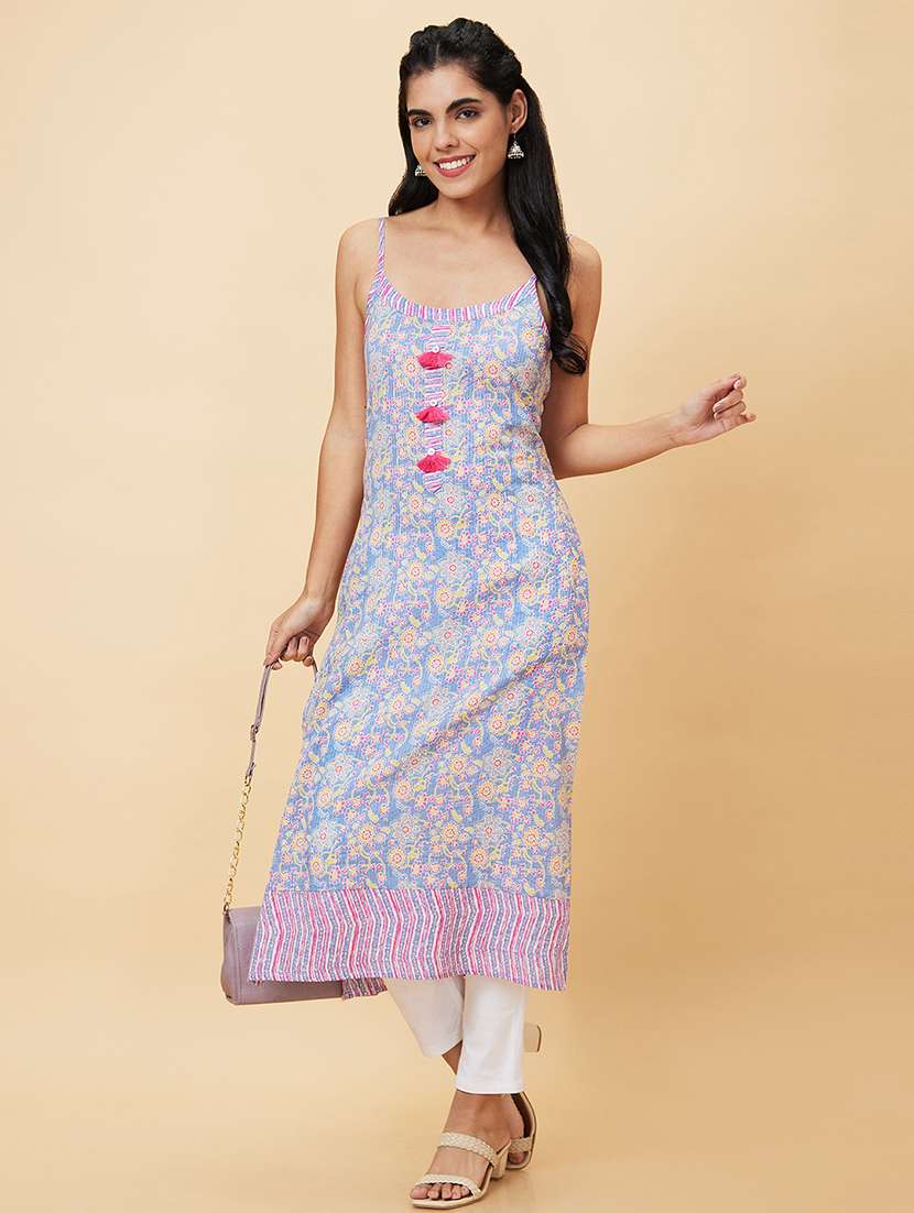 women light blue cotton straight kurta - 20056397 - Standard Image - 4