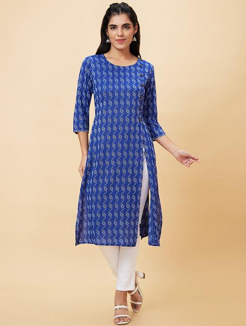 women blue cotton straight kurta - 20056399 - Standard Image - 0
