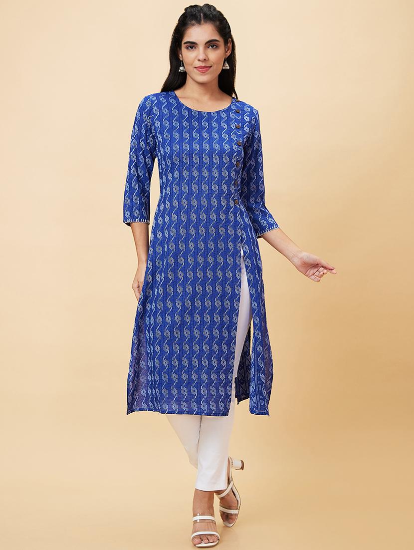 women blue cotton straight kurta - 20056399 - Zoom Image - 0