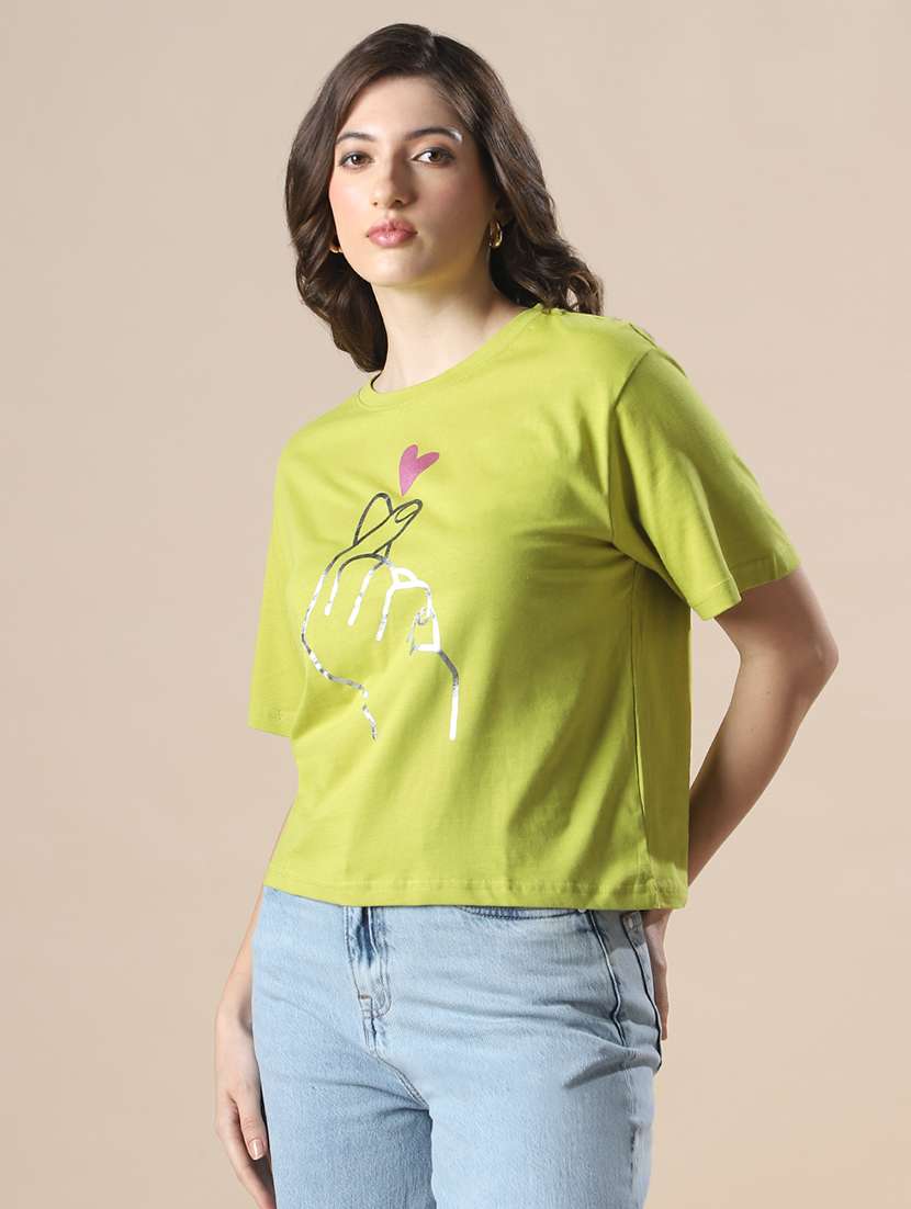 globus women green drop shoulder korean graphic printed oversized trendy crop t-shirt - 20056401 -  Standard Image - 1