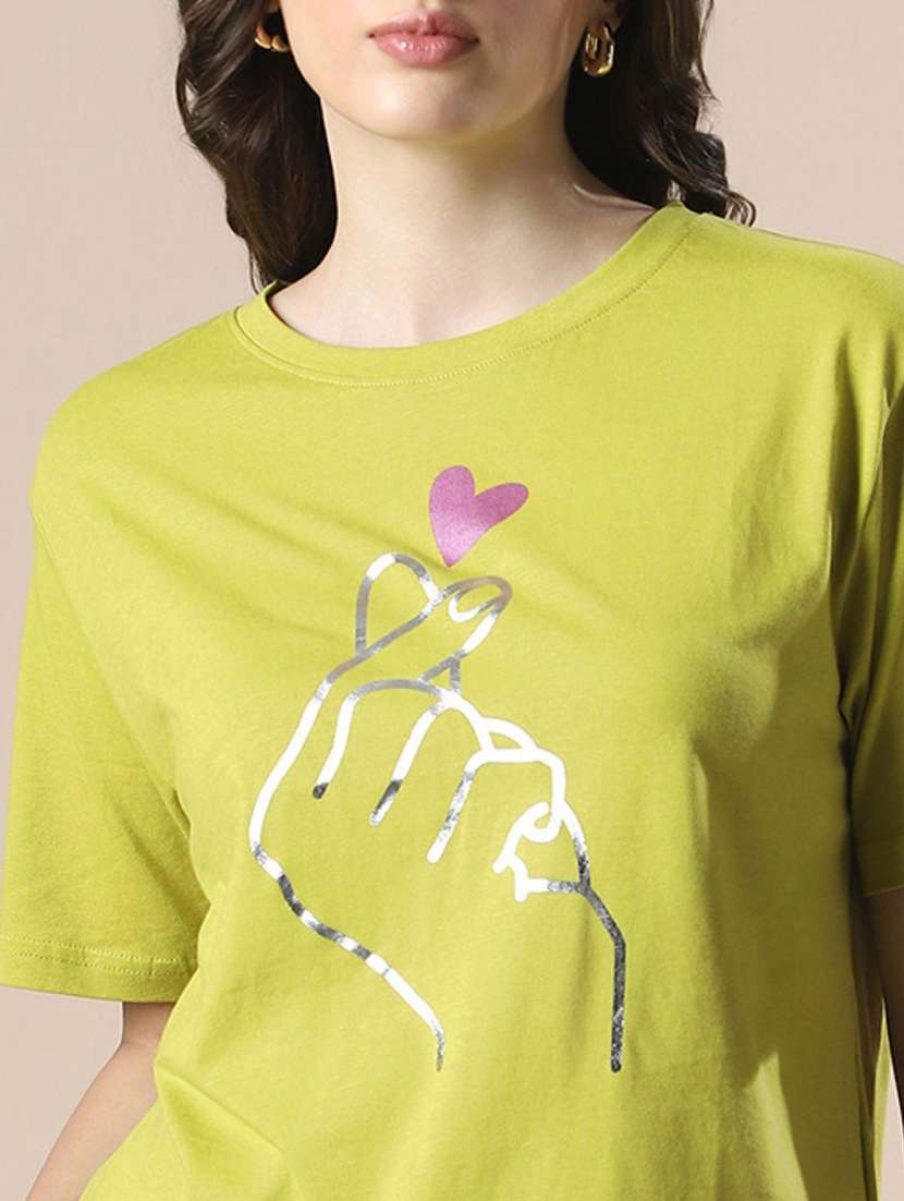 globus women green drop shoulder korean graphic printed oversized trendy crop t-shirt - 20056401 -  Standard Image - 4