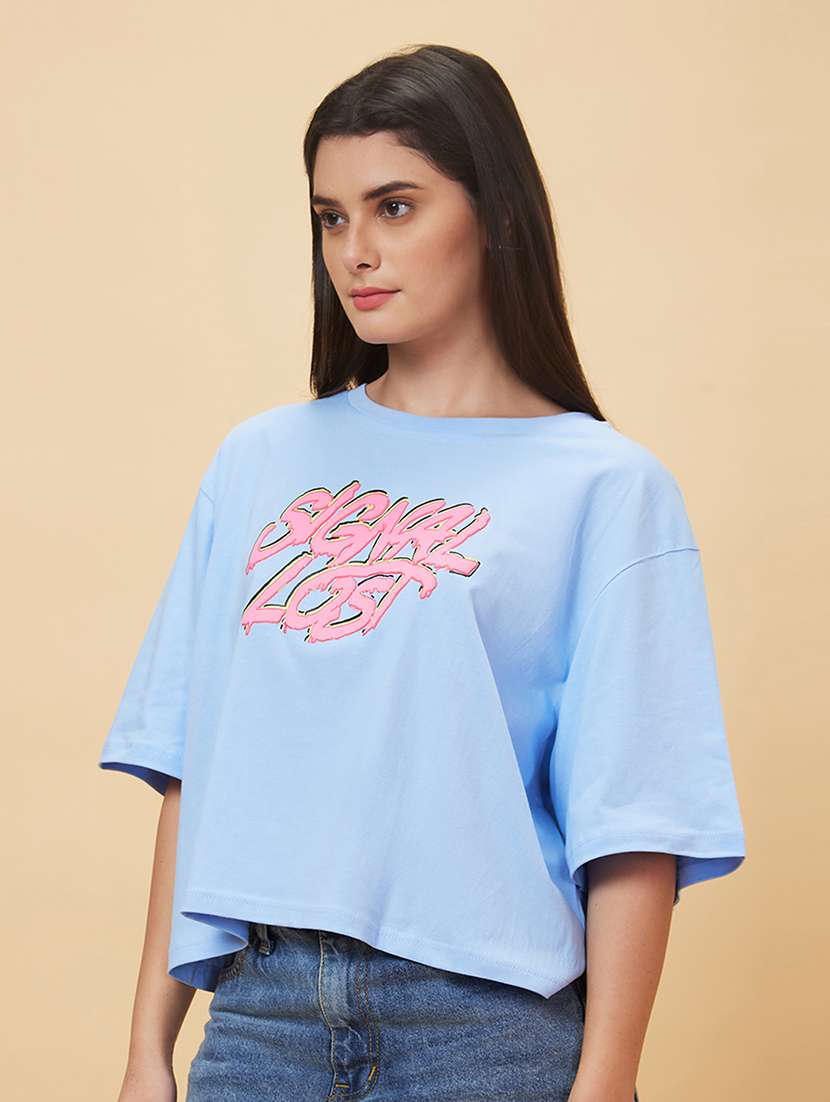 women light blue cotton chest print t-shirt - 20056403 -  Standard Image - 1
