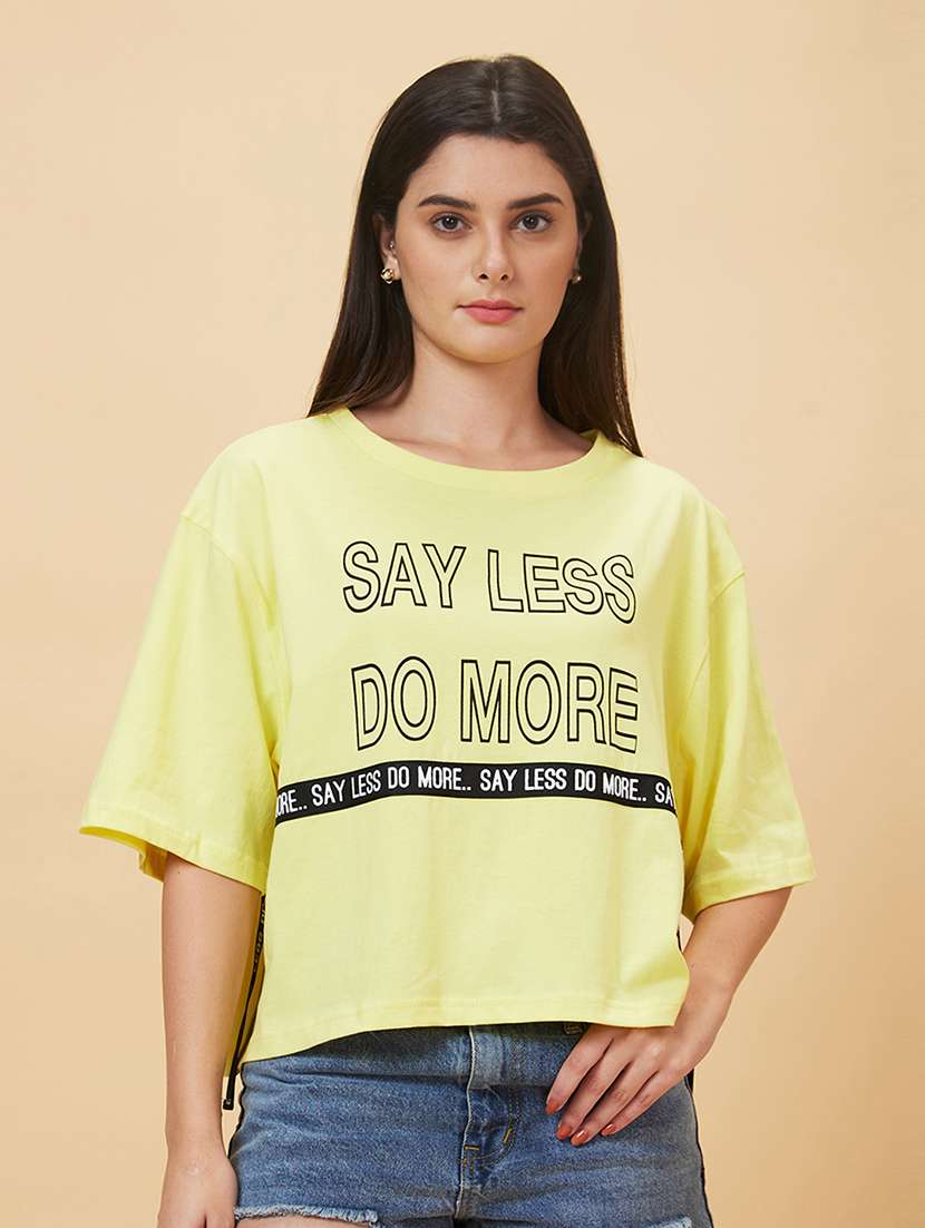 women yellow cotton front print t-shirt