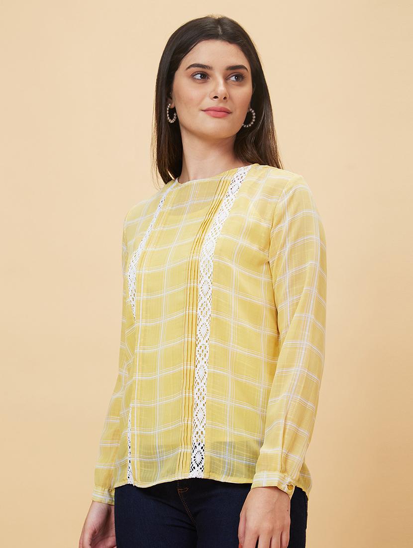 round neck checkered regular top - 20056416 -  Standard Image - 1