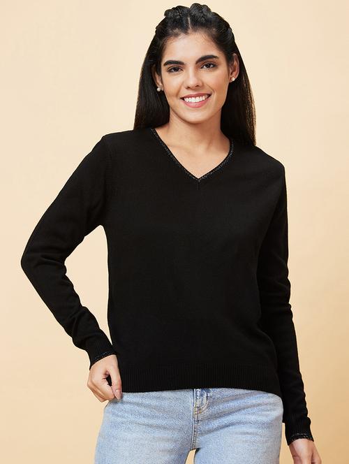 globus women black shiny v-neck design with ribbed hem acrylic sweater - 20056422 - Standard Image - 0