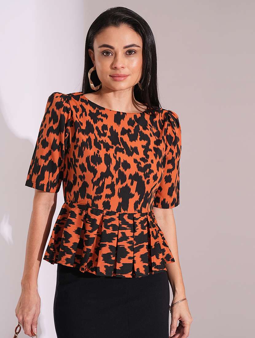 globus women rust animal print puff sleeves pleated peplum top