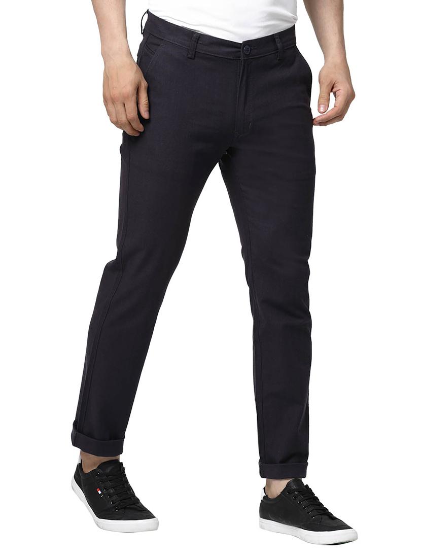  navy blue solid flat front casual trouser - 20056528 -  Standard Image - 1