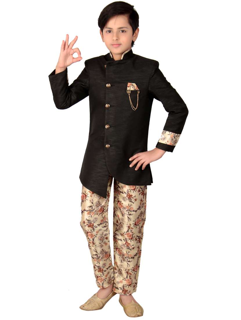 boys printed bandh gala blazer style kurta pant set