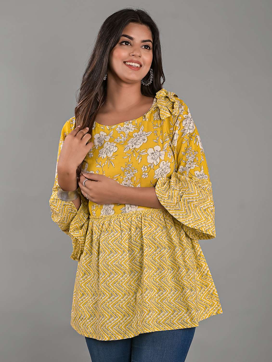 women yellow floral printed round neck tunic