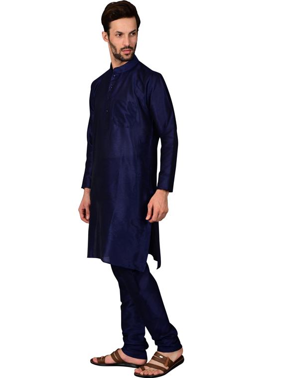 dark blue pure silk kurta pyjama ethnic wear set - 20058496 - Standard Image - 1