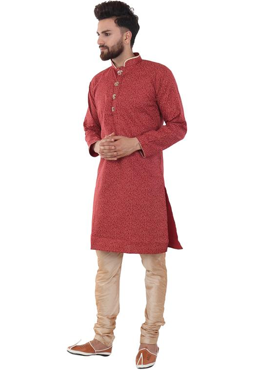 maroon cotton blend kurta pyjama ethnic wear set - 20058530 - Standard Image - 1