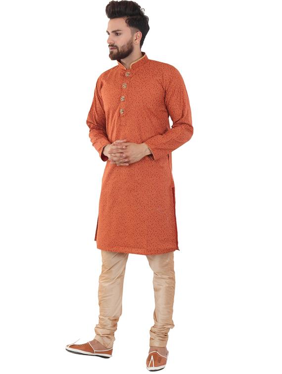 orange cotton blend kurta pyjama ethnic wear set - 20058533 -  Standard Image - 1