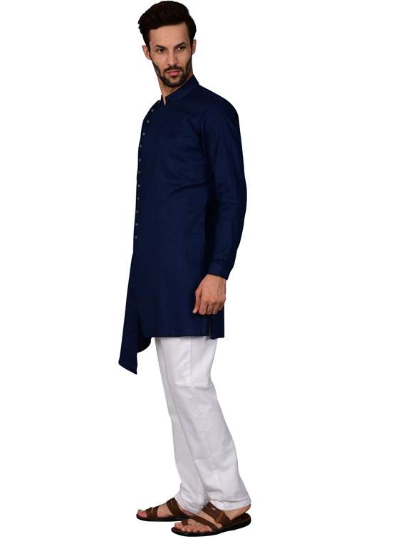 dark blue cotton blend kurta pyjama ethnic wear set - 20058535 -  Standard Image - 1