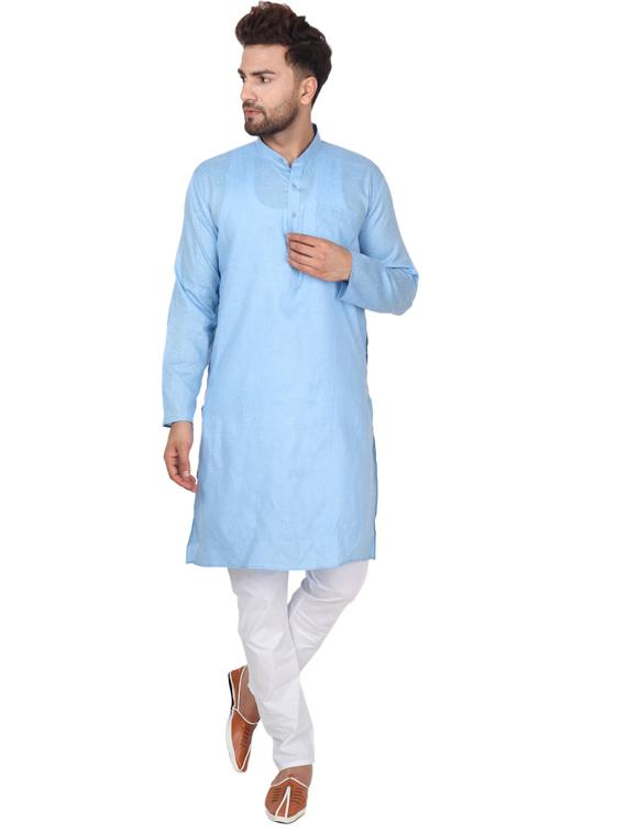 light blue cotton blend kurta pyjama ethnic wear set - 20058553 - Standard Image - 1
