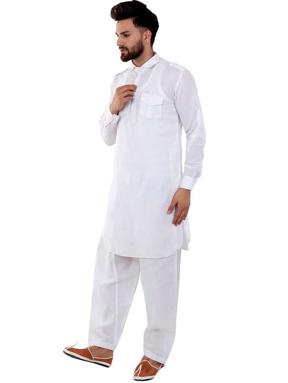 white cotton silk pathani ethnic wear set - 20058572 -  Standard Image - 1