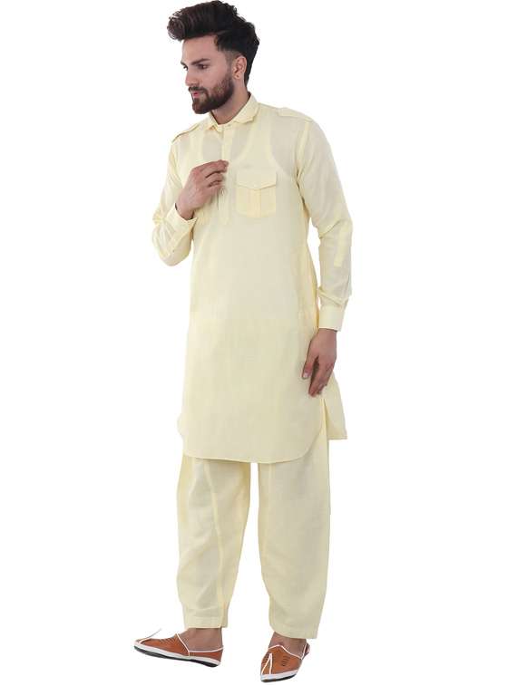 yellow cotton silk pathani ethnic wear set - 20058573 - Standard Image - 1