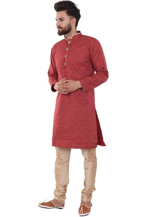 maroon cotton blend kurta pyjama ethnic wear set - 20058600 - Standard Image - 1