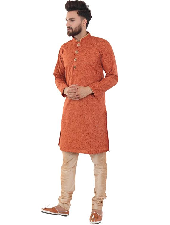orange cotton blend kurta pyjama ethnic wear set - 20058603 - Standard Image - 1