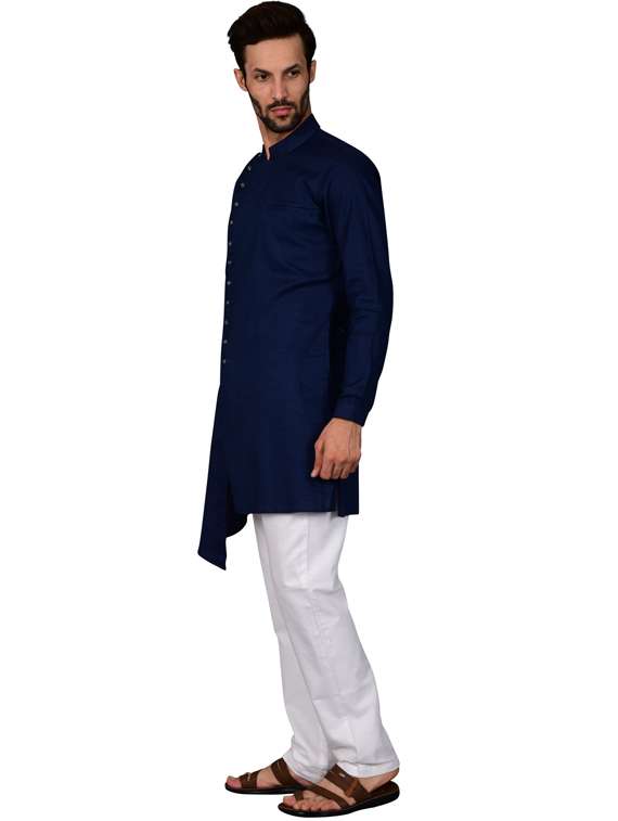 dark blue cotton blend kurta pyjama ethnic wear set - 20058605 -  Standard Image - 1