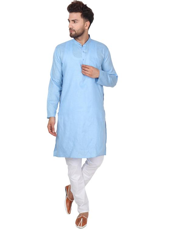 light blue cotton blend kurta pyjama ethnic wear set - 20058623 - Standard Image - 1